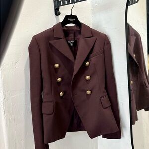 Balmain Deep Burgundy Blazer with Gold Accents. Size 34Fr
